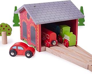 Bigjigs Rail Double Engine Wooden Shed | Red Model Garage for Parking Train Toy | Accessories for Wood Railway Track Expansion | Ideal as Gifts for Kids Age 3+| Educational Tool for Young Children