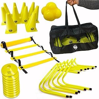 ™ Football Fitness Speed Training Equipment Exercise Aid Set 6 X Speed Hurdles 1 x 6 metre Agility ladder with 12 Rungs 10 X Traffic Cones,10 marker cones 1 X Reaction Ball Carry bag