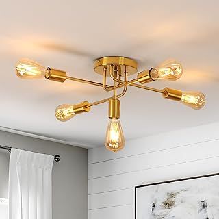 Sputnik Ceiling Light, 5 Bulbs Ceiling Lights for Living Room, Gold Light Fittings E27, Semi Flush Industrial Lighting Ceiling, Gold Chandelier Lighting for Kitchen, Dining Room (No Bulbs)