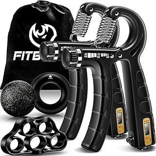 FitBeast Hand Grip Strengthener Workout Kit (5 Pack), 2 Forearm Grip Adjustable Resistance Hand Gripper, Finger Stretcher, Grip Ring & Stress Relief Grip Ball for Athletes (Black)