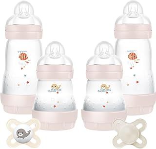 MAM Feed & Soothe Set | Anti-Colic Newborn Feeding Bottles x4 and Soothers x2 | Suitable from 0+ Months | Baby Accessories | Pink (Various Designs)