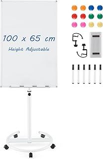 CASART Flip Chart White Board, Height Adjustable Dry Erase Board with Stand, Eraser, Magnets & Paper Clips, 100 x 65 CM Mobile Magnetic Whiteboard for Home Office Classroom (White)