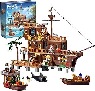Pirate Ship 3 in 1 Wharf Building Set, Pirate Toy Building Block with Treasure Chest Boat, Shark Model, Cairbbaen Architecture Gift for Boys Girls Aged 6+ (630Pieces)