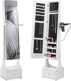 BTFY Storage Mirror, Full Length Freestanding Armoire, Tilting Jewellery Cabinet & Floor Mirror for Earrings, Rings & Necklaces - Jewellery Storage Organiser w/ LED Lights, Hairdryer Ring & Shelves