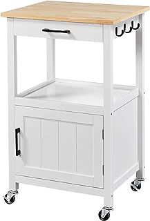Yaheetech Kitchen Storage Trolley Cart, Kitchen Island on Wheels with Cabinet & Drawer & 3 Hooks, Rolling Serving Cart for Dining Room Living Room, White