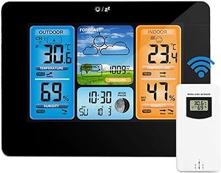 Powcan Weather Stations Wireless Indoor Outdoor with Alert and Temperature/Humidity/Barometric/Forecast/Moon Phase/Alarm Clock, LCD Digital Weather Station with Outdoor Sensor for Home Office (Black)