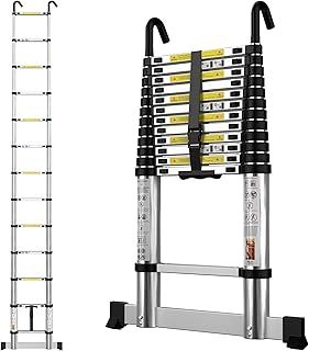 Telescopic Ladder 3.8M/12.5FT Aluminium Extension Loft Ladder with Stabilizer Bar and Detachable Hooks, Multi Purpose Extendable Portable Folding Ladders, 13 Steps, EN131, Aluminium