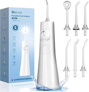 Bezvoi Water Flosser for Teeth Cordless: Professional Oral Irrigator LED Display 5 Modes, 300ML Water Tank, IPX7 Waterproof Electric Tooth Cleaner, Water Floss with 6 Jet Tips for Home Travel, White