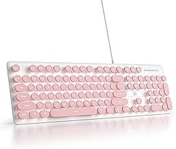 SOLIDEE Membrane Keyboard 100%,Punk Typewriter Full Size 104 Keys,Typewriter Retro Round Keycaps Keyboard,LED Backlit Slim Keyboard with Wired Cable for PC/Win/Mac/Laptop(US Layout QWERTY)(V300 Pink)