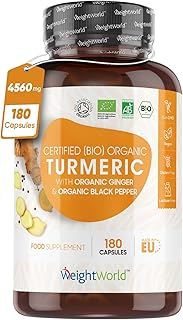 Organic Turmeric and Black Pepper Capsules 4560mg - 180 Capsules - with Organic Ginger - Vegan Turmeric Supplement for Both Men & Women - Non-GMO & Gluten-Free - Made in EU