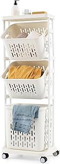 COSTWAY 3-Tier Laundry Basket on Wheels, Rolling Laundry Sorter Cart with 2 Small Tilted Baskets and 1 Large Basket, Slim Laundry Hamper Washing Bin Dirty Clothes Trolley Organizer, 40x30x112cm, White