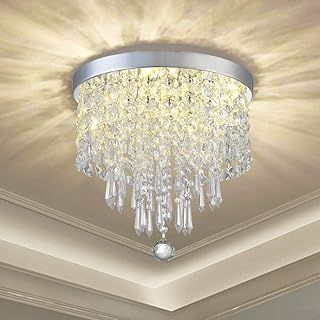 Modern Elegant Crystal Chandelier Lighting,K9 Ceiling Chandeliers Lights, φ250mm, Beaded Light Shade with Clear Acrylic Jewel Droplets,Flush Mount LED Ceiling Light for Dining Room Bedroom Livingroom