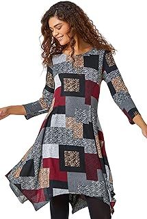 Roman Originals Hanky Hem Swing Dress with Pockets for Women UK Ladies Asymmetric Hemline Stretch Jersey 3/4 Sleeve Winter Smart Casual Work Office Knee Length Tunics