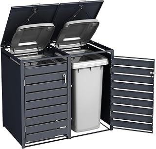 DWD Garden Double Wheelie Bin Hideaway 120L,240L Waste Bin,Storage Shed w/Locking Doors Assisted lift up Lid easy use Outdoor Hygienic Dustbin Cover Powdercoated Steel Matt Grey/Grey Slatted Doors