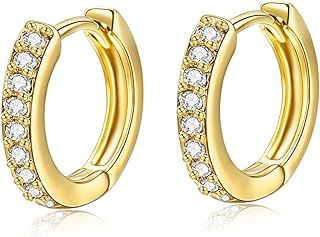 Silver Hoop Earrings for Women，925 Sterling Silver Hoop Earrings with Cubic Zirconia， Yellow Gold/White Gold/Rose Gold/Gold Plated Gun Black Sleeper Cartilage Hoop Earrings (8/10/12mm）