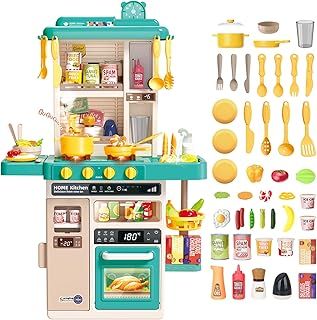 Kitchen Playset Toy with Realistic Lights & Sounds, Kids Play Kitchen Set with Simulation of Spray Features, Pretend Role Play Toys with Lots of Kitchen Accessories Gift for Toddlers (Green)