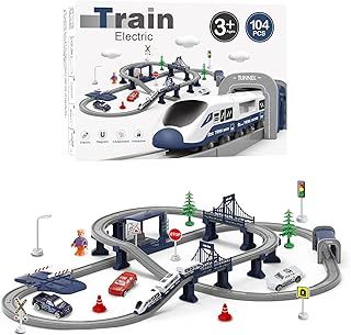 XIAPIA Electric Train Sets Railway Learning Educational Toys for Kids Boys Girls Age 3 Years Up, 104 Pcs Track Accessories Car Set Christmas Xmas New Year Gifts