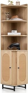 COSTWAY Storage Cabinet, PE Rattan Buffet Sideboard with 2 Doors, 4 Open Shelves, Anti-toppling Kits & Adjustable Foot Pads, Space-saving Corner Shelf Cabinet for Kitchen Living Room Office
