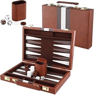 Backgammon Set 2 players, Classic Board Games with Leather Case, Portable Travel Backgammon Game Sets for Adults and Kids, Travel Board Games, Grey (11 inch, Brown)