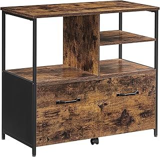 VASAGLE Home Office File Cabinet, File Cabinet with Drawers and Open Shelves, A4 Letter Document Printer Stand with Wheels, Industrial Rustic Brown Black OFC043B01