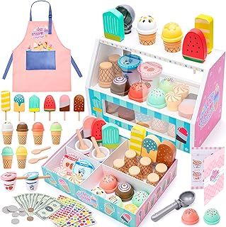 Ice Cream Toys for Kids, 51 Pieces Wooden Ice Cream Cart Role Play Toys for 3 to7 Year Old Girls Boys Gifts