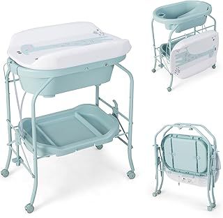 Folding Baby Changing Table with Bathtub, Portable Newborn Bath Table and Dresser Unit with PVC Pad, Storage Tray and Wheels, Infant Diaper Changing Station (Blue)