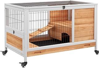 PawHut Wooden Guinea Pig Hutch 2-Floor Design w/Wheels, Yellow