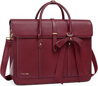 MOSISO Laptop Bag for Women, 15-15.6 inch PU Leather Laptop Shoulder Bag Convertible Backpack, 16 inch Messenger Bag Casual Handbag Work Briefcase Travel Computer Bag with Bowknot, Wine Red
