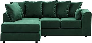 Plush Velvet Upholstered Corner Chaise Sofa Bed - Relaxing Curved Arm L Shaped Sofa - 3 Seater for Living Room (Green, Left Hand Corner)