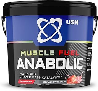 USN Muscle Fuel Anabolic All-In-One Muscle Mass Gainer, Strawberry Flavour - 4kg, 54g Protein Powder, 5g Creatine Powder & 5g BCAA Powder For Maximum Muscle Growth, Post Workout Recovery Drink Mix