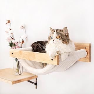 Cat Hammock - Wall Mounted Kitty Bed & Perch, Wooden Cat Wall Furniture, Stable Shelves for Sleeping, Playing, Climbing, Lounging - White Flannel