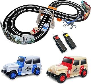 Jurassic World Electric Race Car Track Set 102011JW with 2 x Slot Car, Dinosaur Figure & Accessories, Jurassic Park Kids Toys - 2.4M / 7.9FT Racetrack For Kids (Dino Chase)