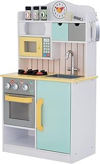 Teamson Kids Little Chef Florence Classic Interactive Wooden Play Kitchen with Accessories and Storage Space for Easy Clean Up, White with Mint Green and Yellow Accents