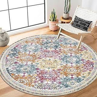 Enyhom Vintage 120cm Round Area Rug, Luxury Floral Pattern Floor Rug, Machine Washable Boho Carpet Floor Mat, Non Slip Soft Circle Carpet Rug for Bedroom Living Room Kitchen Home Decor, Colorful
