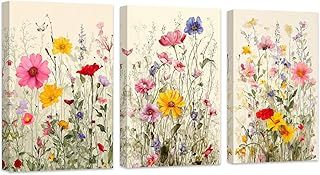 ZXHYWYM Floral Wall Art Set of 3 Watercolor Wildflower Paintings Colorful Flower Pictures Wall Decor Botanical Canvas Prints for Girls Room Decor Frame (B, (28x35cmx3))