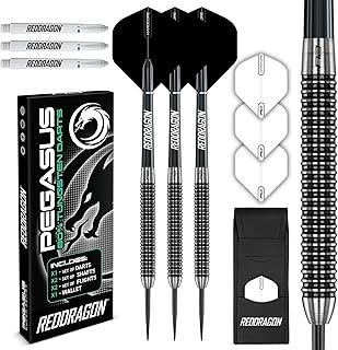 RED DRAGON Pegasus Professional Tungsten Steeltip Darts Set Available in 21, 23, 24, 25, 26, 28, 30 Gram with Flights, Stems (Shafts) and Wallet