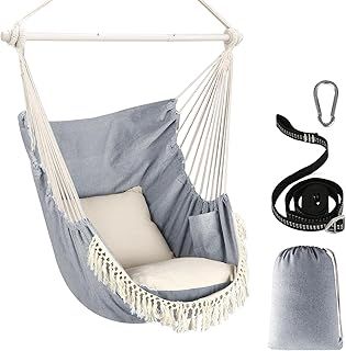 Chihee Hammock Chair Hanging Swing Max 500 Lbs 2 Cushions Included Steel Spreader Bar with Anti-Slip Grooves Portable Hanging Chair Side Pocket Large Macrame Bohemian Chair Indoor Outdoor