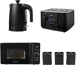 Salter COMBO-8857 Kuro Kettle Toaster Microwave Set – With Storage Canisters, Tea/Coffee/Sugar Tins, 1.7L Fast Boil Kettle, 4-Slice Toaster, Freestanding 20L LED Digital Microwave Oven, Black