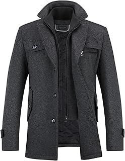 YOUTHUP Mens Winter Wool Coat Hip-Length Thick Trench Coats Padded Warm Peacoat Casual Outwear