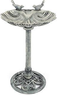 CHRISTOW Plastic Resin Bird Bath for Garden, Clam Shell Pedestal Birdbath, Traditional Style, Rustic Metal Effect, Standing Outdoor Water Bowl Feeder, 80cm x 50cm x 38cm (Grey)