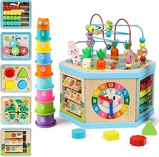 Wooden Activity Cube, 7-in-1 Wooden Activity Table Educational Centre Bead Maze Sorting Toy for Kids Babies Boys Girls