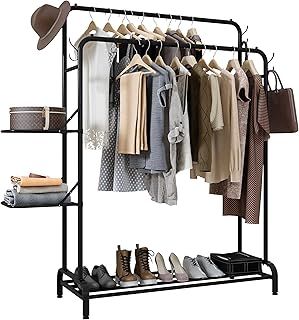 KLASS Double Clothes Rail Heavy Duty With Folding Shelves, 100KG Free Standing Garment Clothes Rack Stand With 2 Hanging Poles, Storage Shelves, Shoe Rack & 4 Hooks, Clothing Rail For Bedroom, Shops