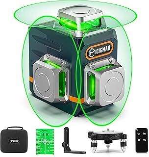 CIGMAN Green Laser Level Self Leveling, Switchable 3x360° Laser Level, 3D Laser Line 30M (Up to 50M with Detector), Rechargeable Battery Built in, Rotary Stand, Remote Controller, Magnetic Base
