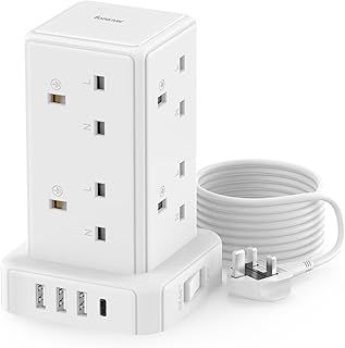 Tower Extension lead Surge Protection Extension Lead with Switch (13A 3250W) 8 AC Outlets & 4 USB Ports Plug Extension Socket Extension Cable 2M Mini Power Strip for Home, Office