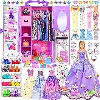 91pcs 11.5 inch Girl Doll with Clothes, Accessories, Closet, Princess Gowns, Fashion Dresses, Outfits, Swimsuits, Shoes, Hangers, Doll Dress Up Toys for Girls, Kids, Toddlers