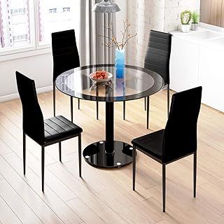 Black Dining Table and Chairs Set of 4, Round Tempered Glass Table with High Back PU Leather Chairs
