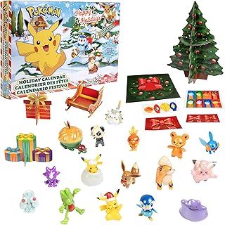 Jazwares Pokemon 2022 Holiday Advent Calendar for Kids, 24 Piece Gift Playset - Set Includes Pikachu, Eevee, Jigglypuff and More 16 Toy Character Figures & 8 Christmas Accessories Ages 4+, Multicolor