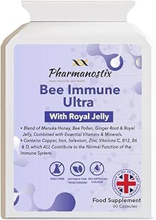 Ultra Bee Immune 60 Capsules Packed with Bee Pollen, Royal Jelly, Manuka Honey, Essential Vitamins and Minerals, Vitamin C, D & E, Zinc - Ginger Root & Elderberry - UK Manufactured