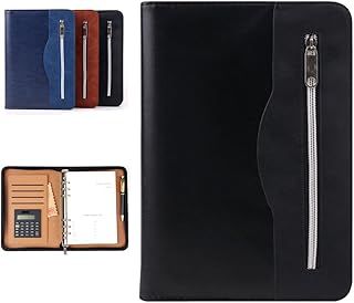 Gift for Men,SAYEEC A5 Executive Conference Folder Travel Portfolio Ringbinder Folio Zip Around PU Leather Loose Leaf Refillable Lined Paper Business Notebook Zipped Organiser with Calculator