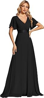Ever-Pretty Women's Double V-Neck Short Flutter Sleeves Empire Waist Elegant Chiffon Long Evening Dresses 9890